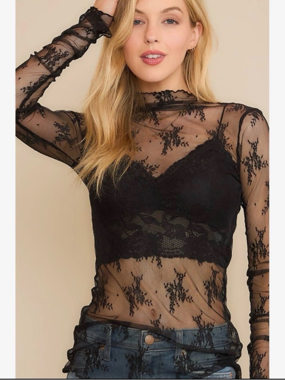 Mesh Lace High Neck Design Long Sleeve Fitted Top - Black